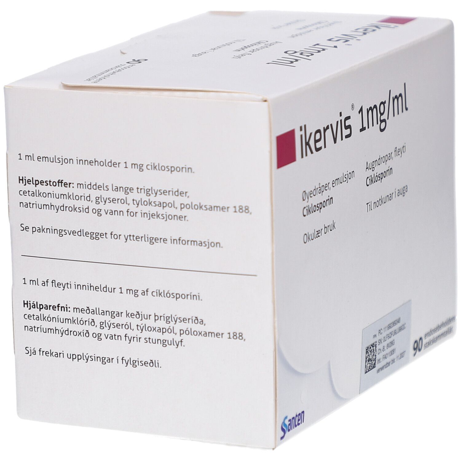 Weiße Schachtel mit IKERVIS 1mg/ml Aufschrift. Text über Inhaltsstoffe und Anwendung. Santen Logo.