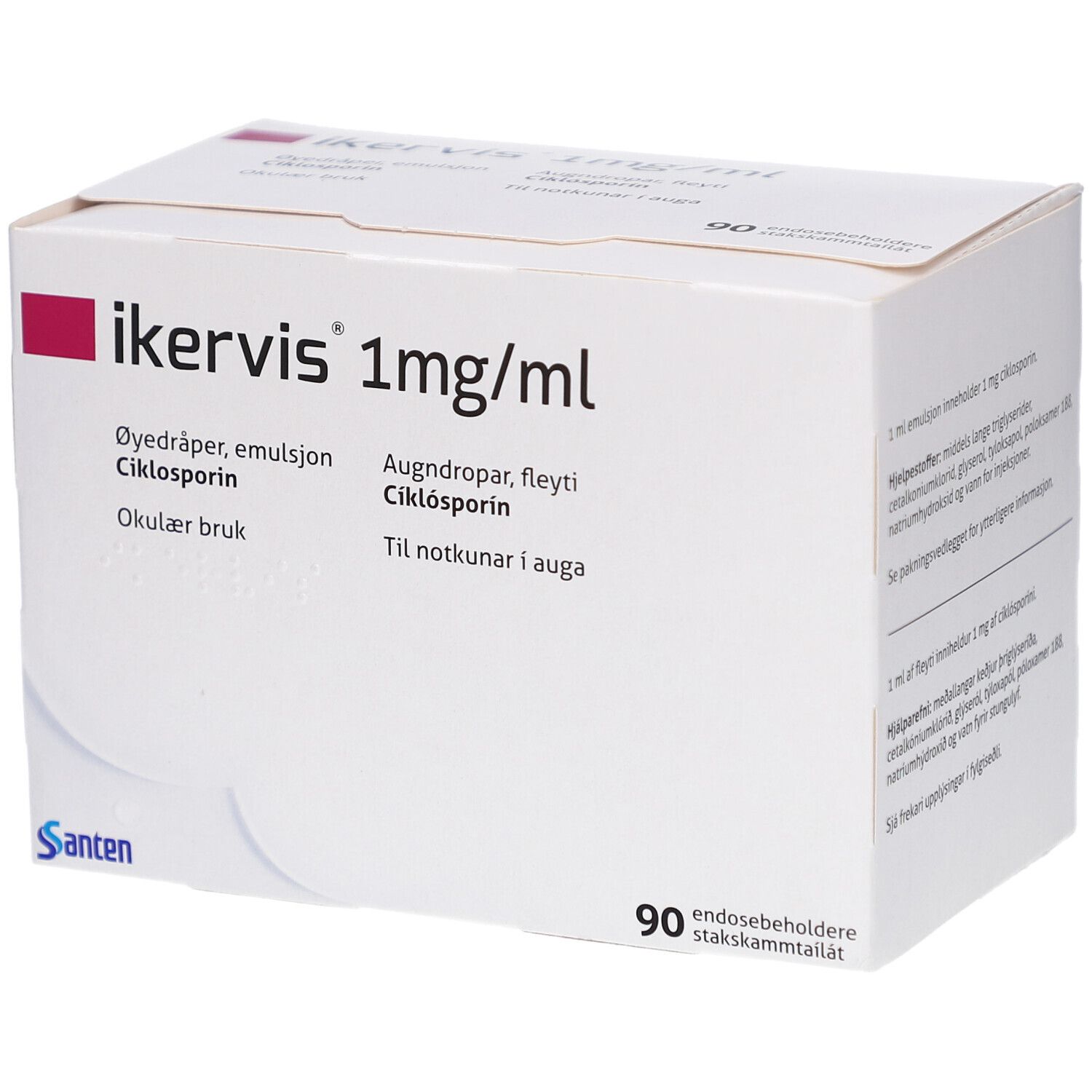 Weiße Schachtel mit IKERVIS 1mg/ml Aufschrift. Enthält 90 Einzeldosispipetten. Santen Logo.