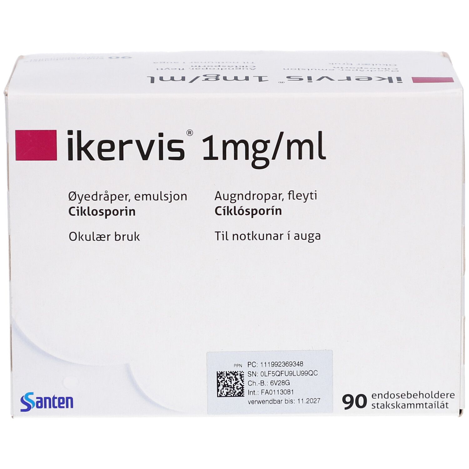 Weiße Schachtel mit IKERVIS 1mg/ml Aufschrift. Enthält 90 Einzeldosispipetten. Santen Logo.