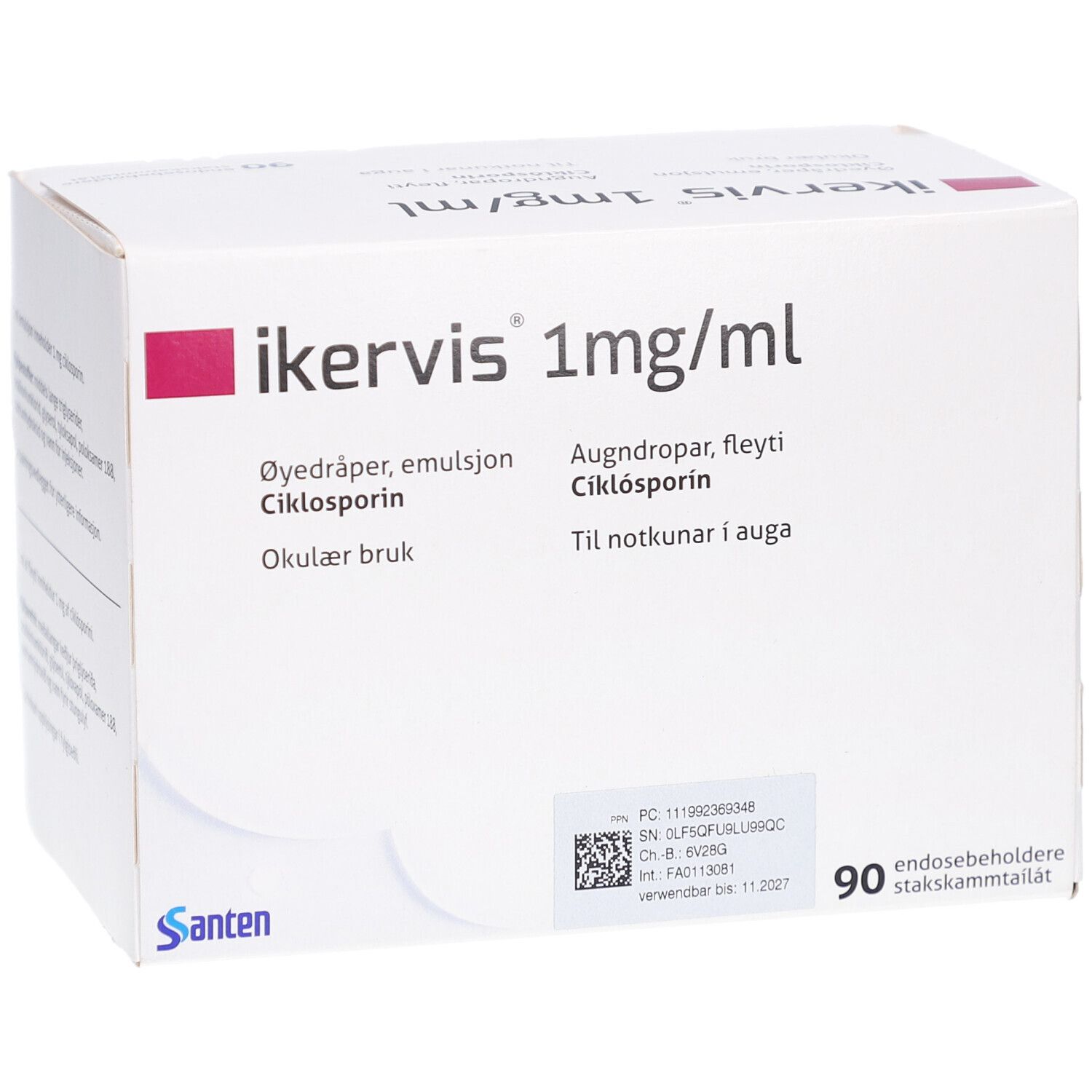 Weiße Schachtel mit IKERVIS 1mg/ml Aufschrift. Enthält 90 Einzeldosispipetten. Santen Logo.