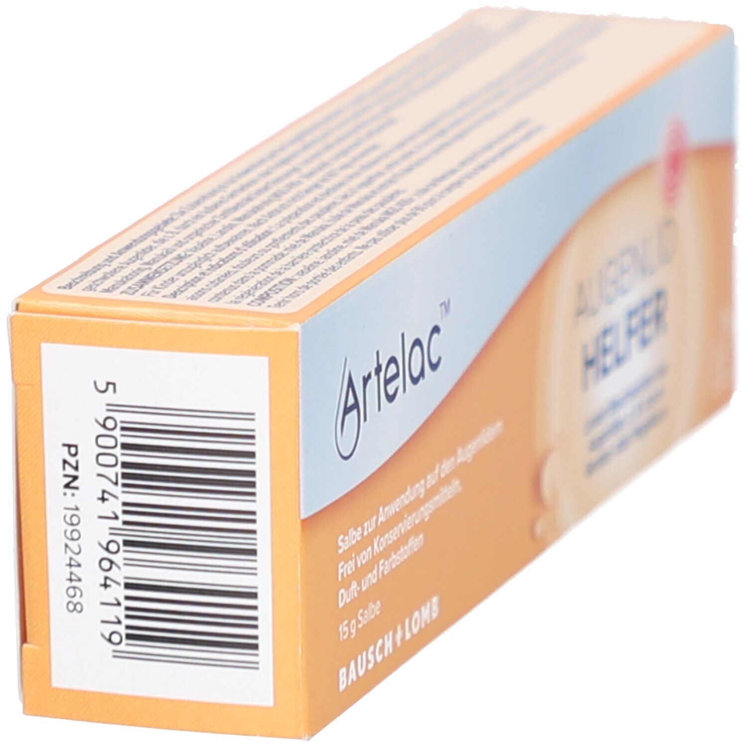 Schachtel mit Barcode und "Artelac" Logo. Aufdruck: "Augenlid HELFER". Von Bausch + Lomb. PZN: 19924468.
