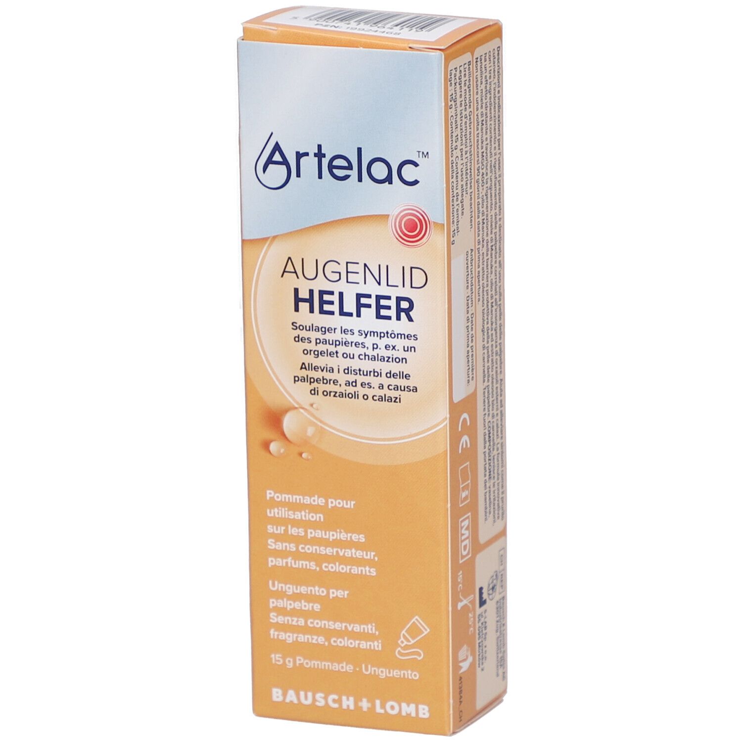 Schachtel mit "Artelac" und "Augenlid HELFER" Aufdruck. Enthält 15 g Salbe. Mehrsprachige Beschriftung.