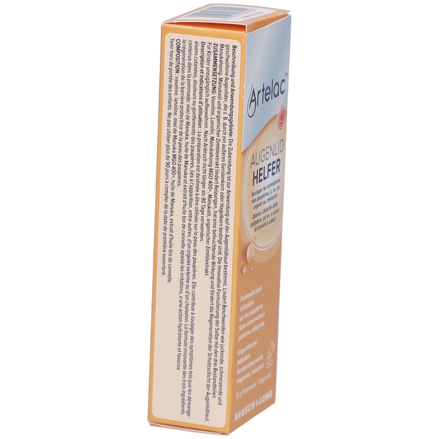 Schachtel mit "Artelac" und "Augenlid HELFER" Aufdruck. Mehrsprachige Beschriftung. Von Bausch + Lomb.