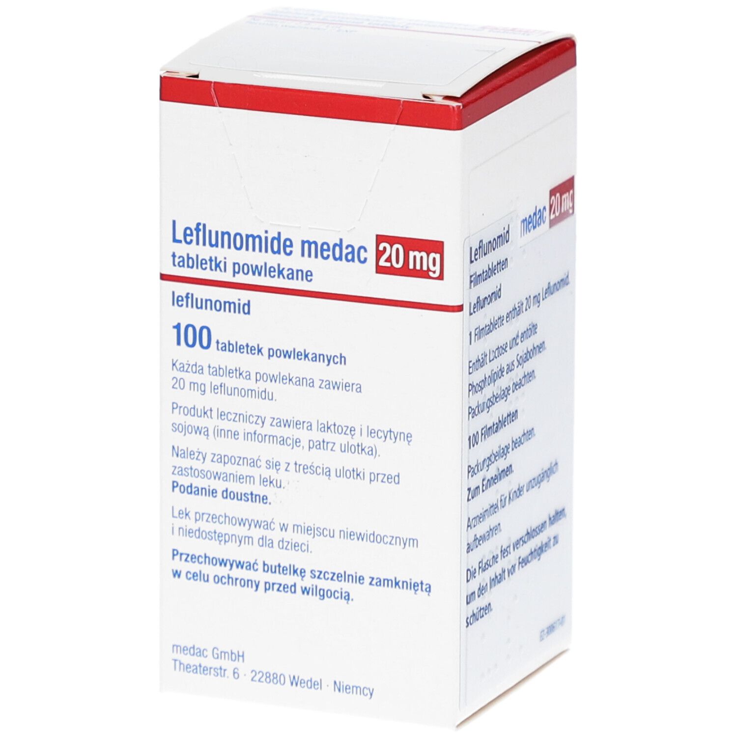 Weiße Schachtel mit rotem Deckel. Aufschrift: Leflunomide medac 20 mg Filmtabletten. Enthält 100 Tabletten. Herstellerinformationen.