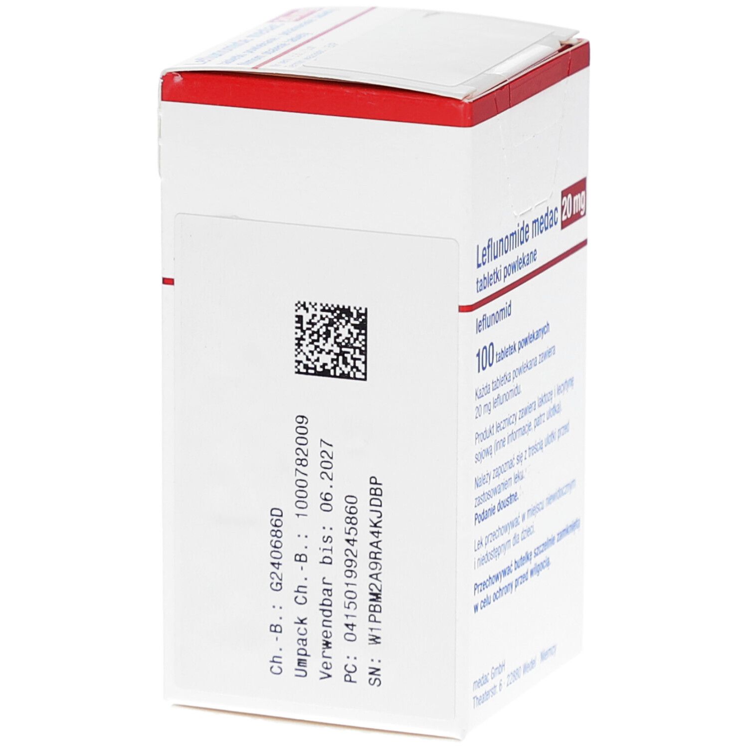 Weiße Schachtel, Seitenansicht. Barcode und Chargennummer. Verfallsdatum: 06.2027. Produktinformationen.