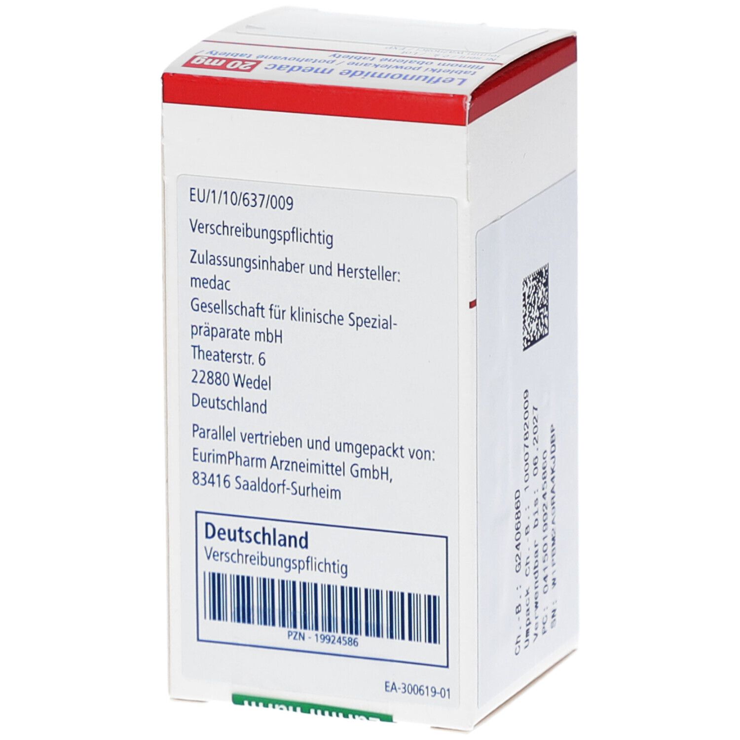 Weiße Schachtel, Rückseite. Informationen zu Hersteller und Vertrieb. Verschreibungspflichtig. Barcode.