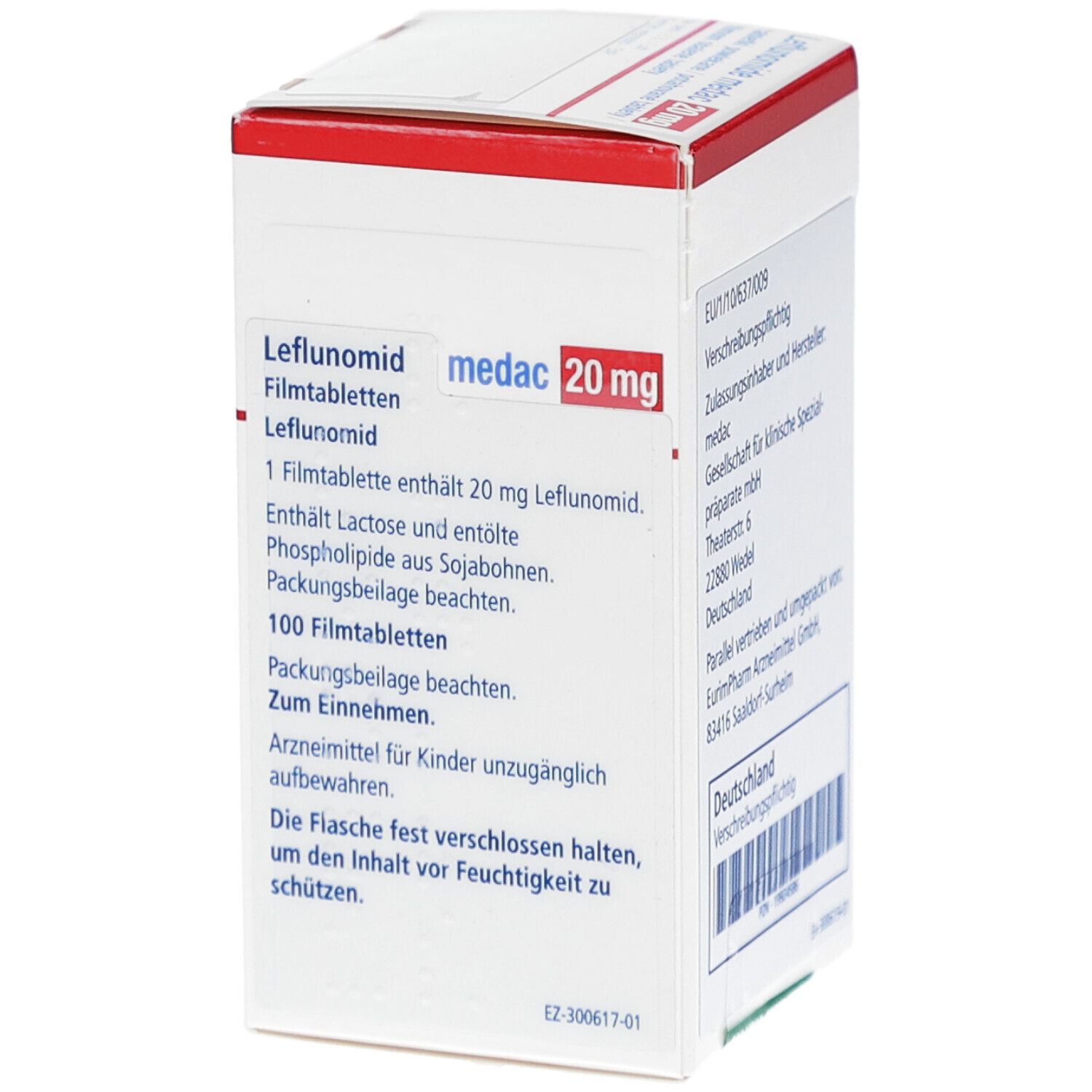 Schachtel LEFLUNOMID medac 20 mg Filmtabletten. Enthält 100 Tabletten. Seitenansicht mit Produktinformationen.