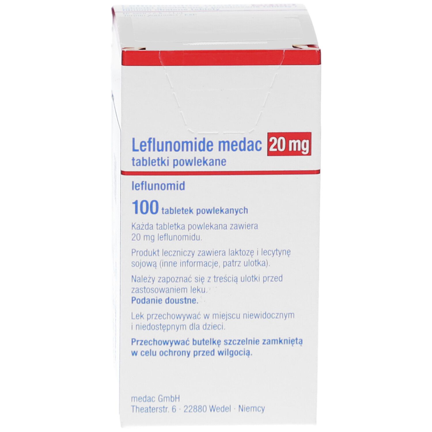 Weiße Schachtel mit rotem Deckel. Aufschrift: Leflunomide medac 20 mg Filmtabletten. Enthält 100 Tabletten. Herstellerinformationen.