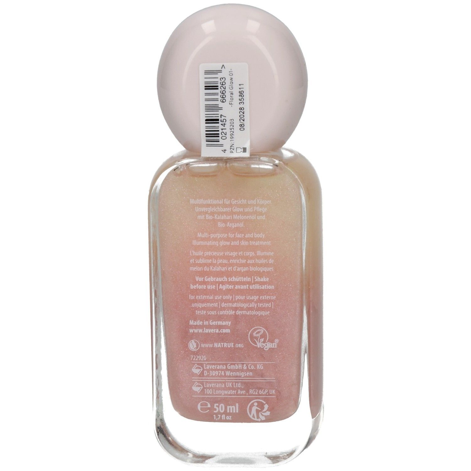 Rückseite der Körperöl-Flasche. Enthält Text und Barcode. Aufschrift: lavera, Vegan. Inhalt: 50 ml.