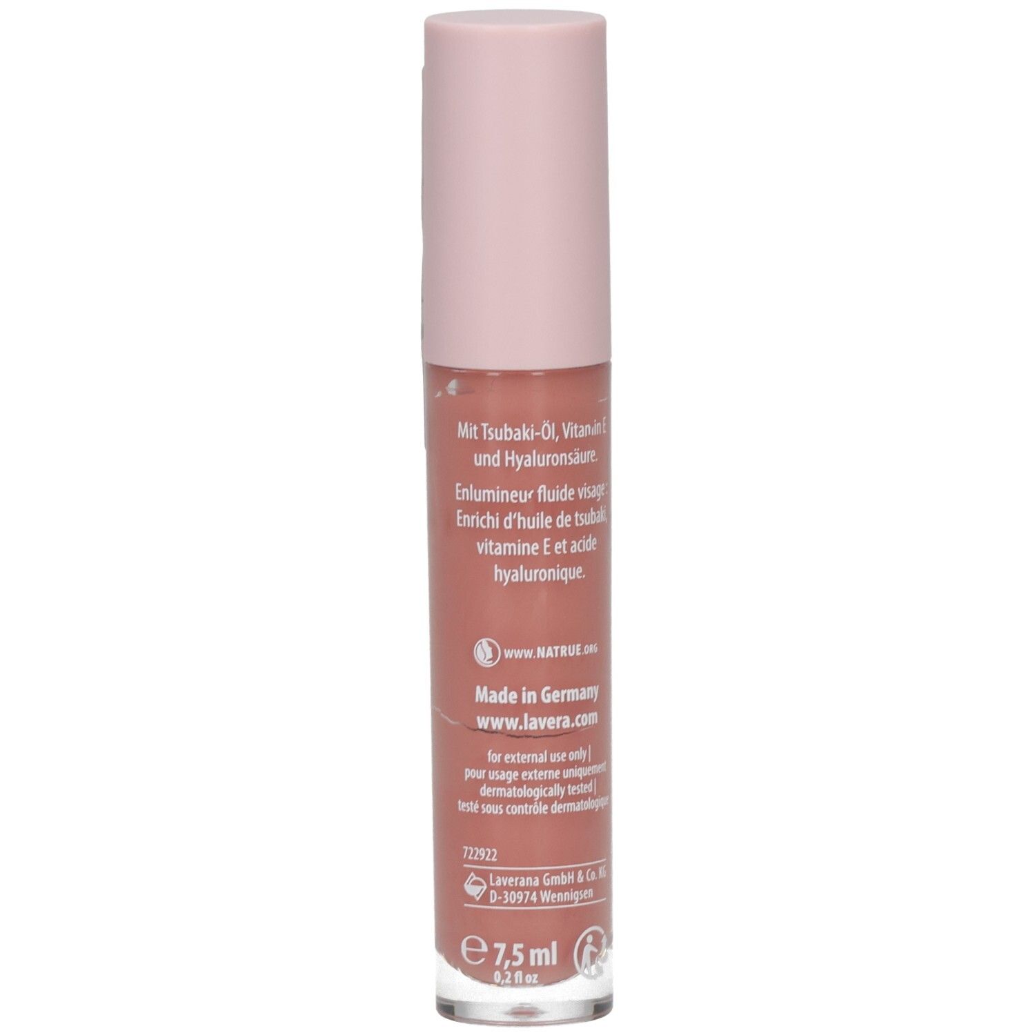 Lavera Liquid Glow & Contour Liquid Blush 02. Rückseite mit Produktinformationen, Made in Germany, 7,5 ml.