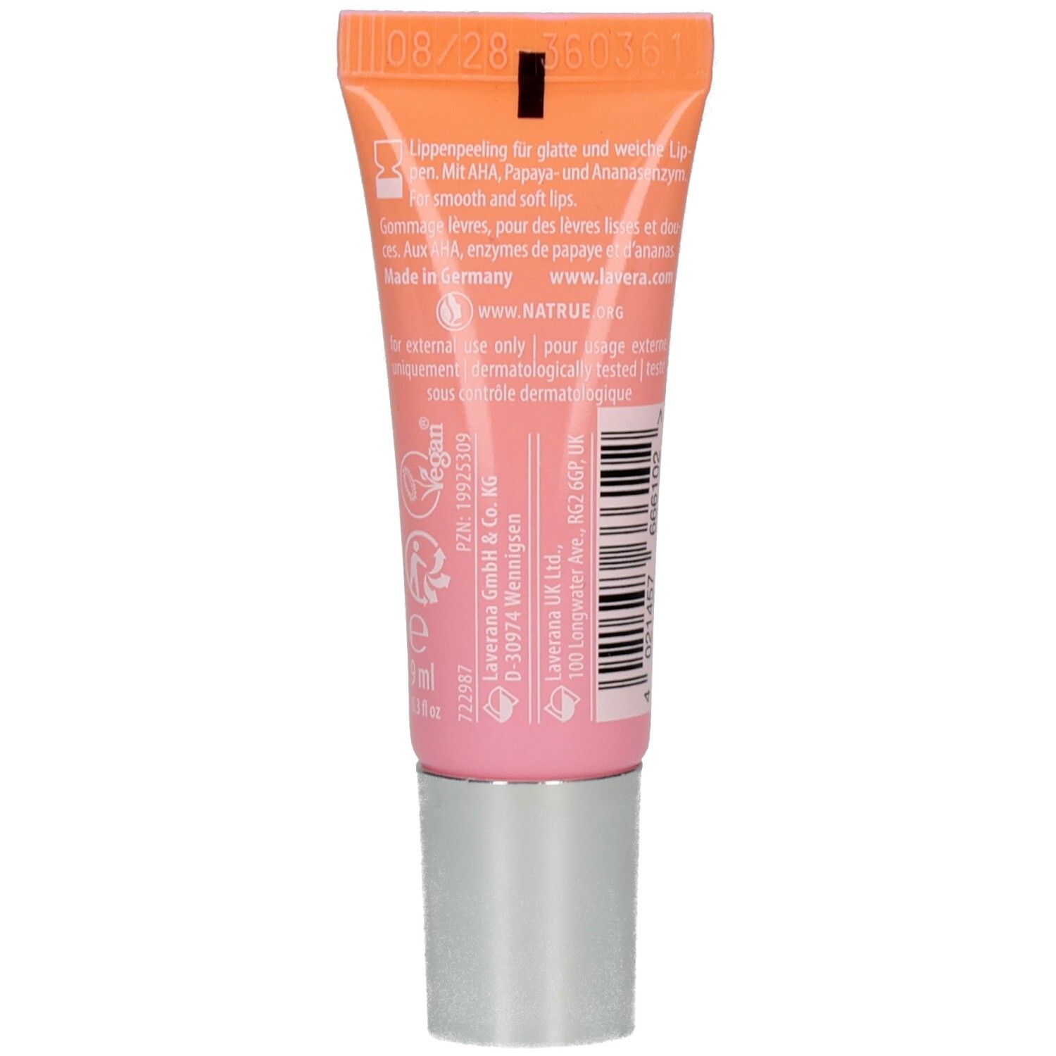 Rückseite der Lavera Enzyme Boost Lip Exfoliator Tube. Enthält Text und Symbole, darunter 'Made in Germany' und 'Vegan'.