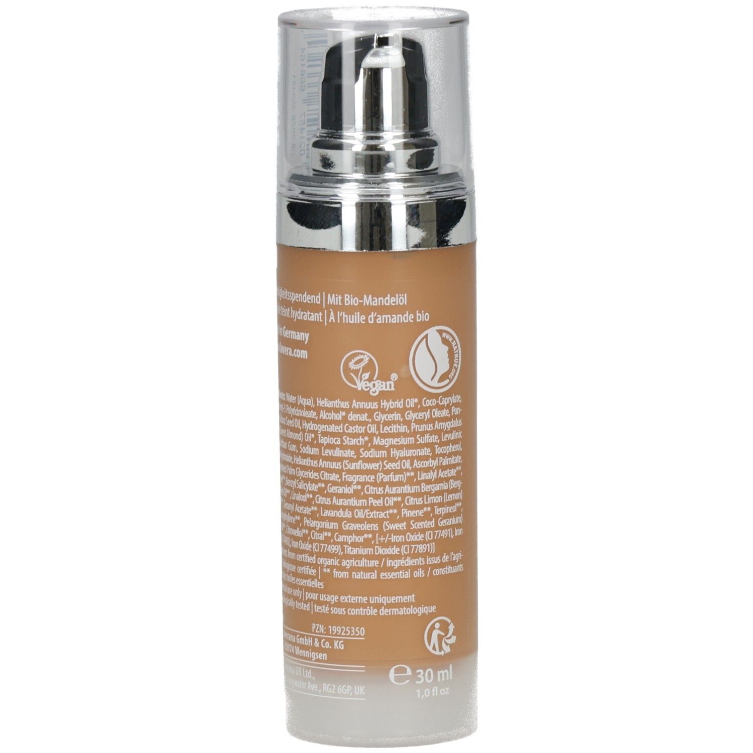 Rückseite der Foundation-Flasche. Enthält Inhaltsstoffliste, Vegan-Logo und Angaben zur Marke. Fassungsvermögen: 30 ml.