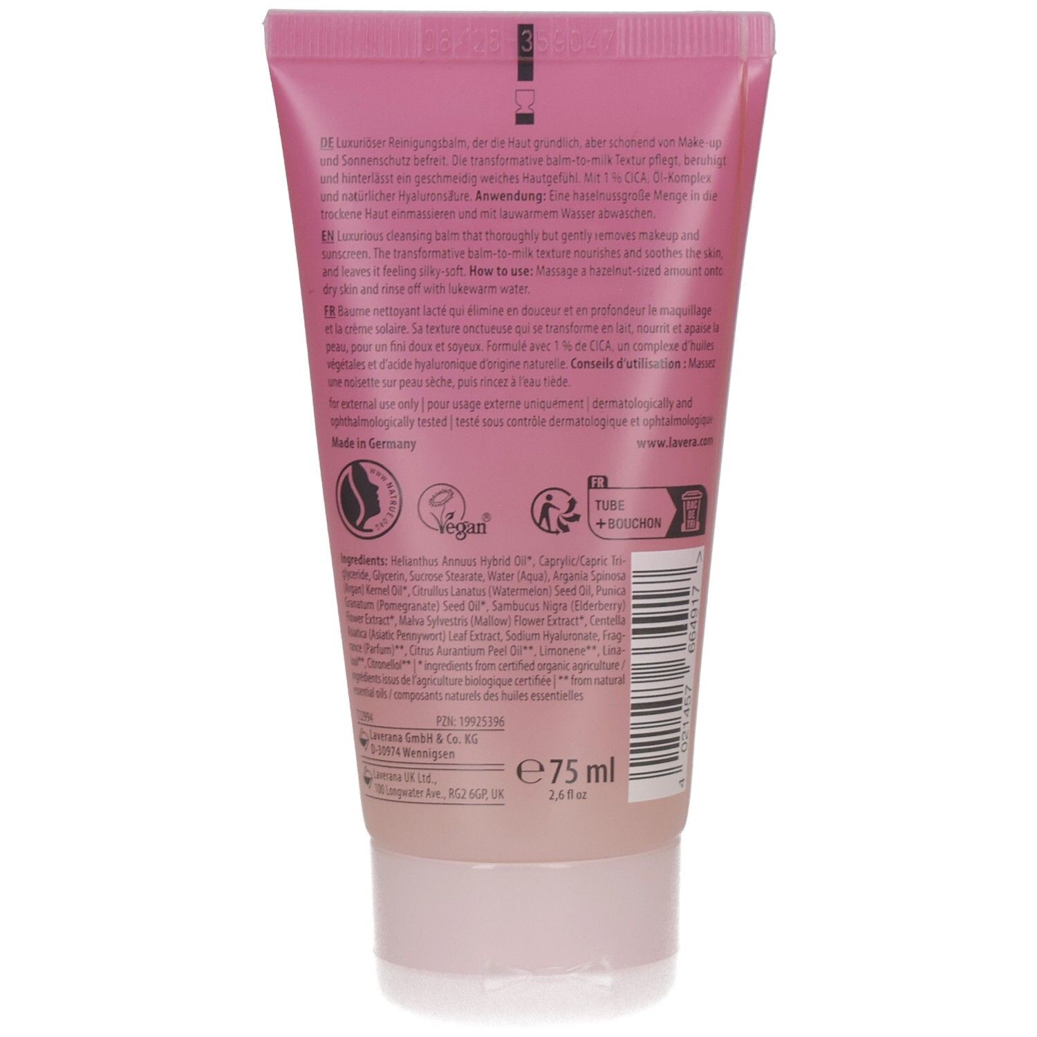 Rückseite der Lavera Melt Off Cleansing Balm Tube mit Inhaltsstoffen und Siegeln.
