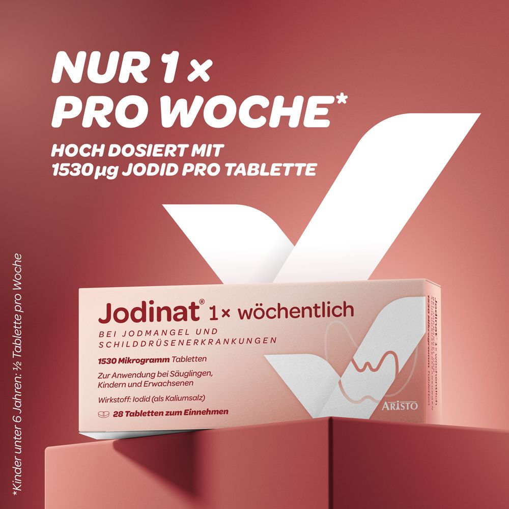 Jodinat® 1x wöchentlich Tabletten, hochdosiert mit 1530 Mikrogramm Jodid pro Tablette.