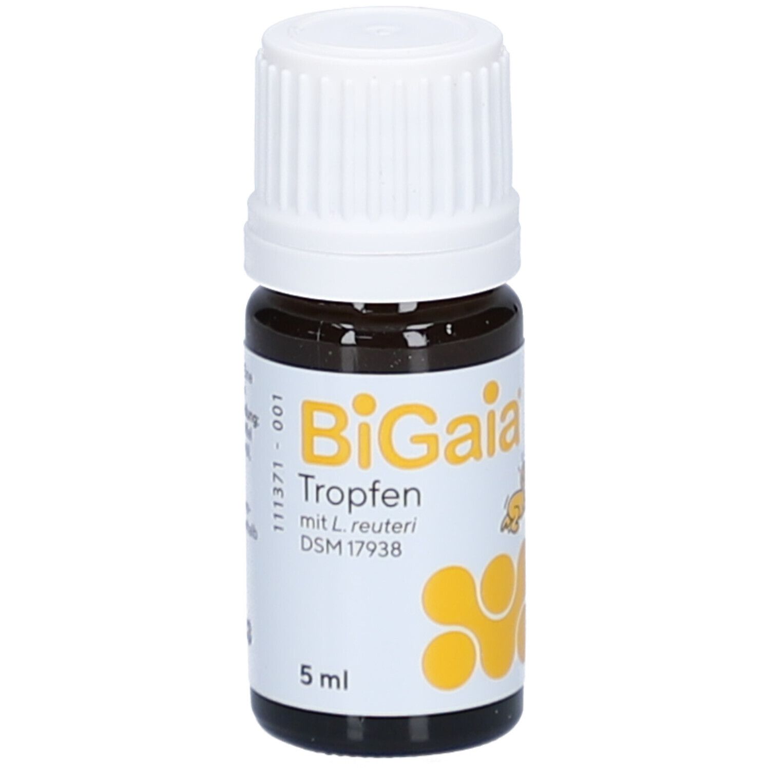 Braune Glasflasche mit weißem Verschluss. Etikett mit BiGaia Tropfen, gelbem Logo und 5 ml.