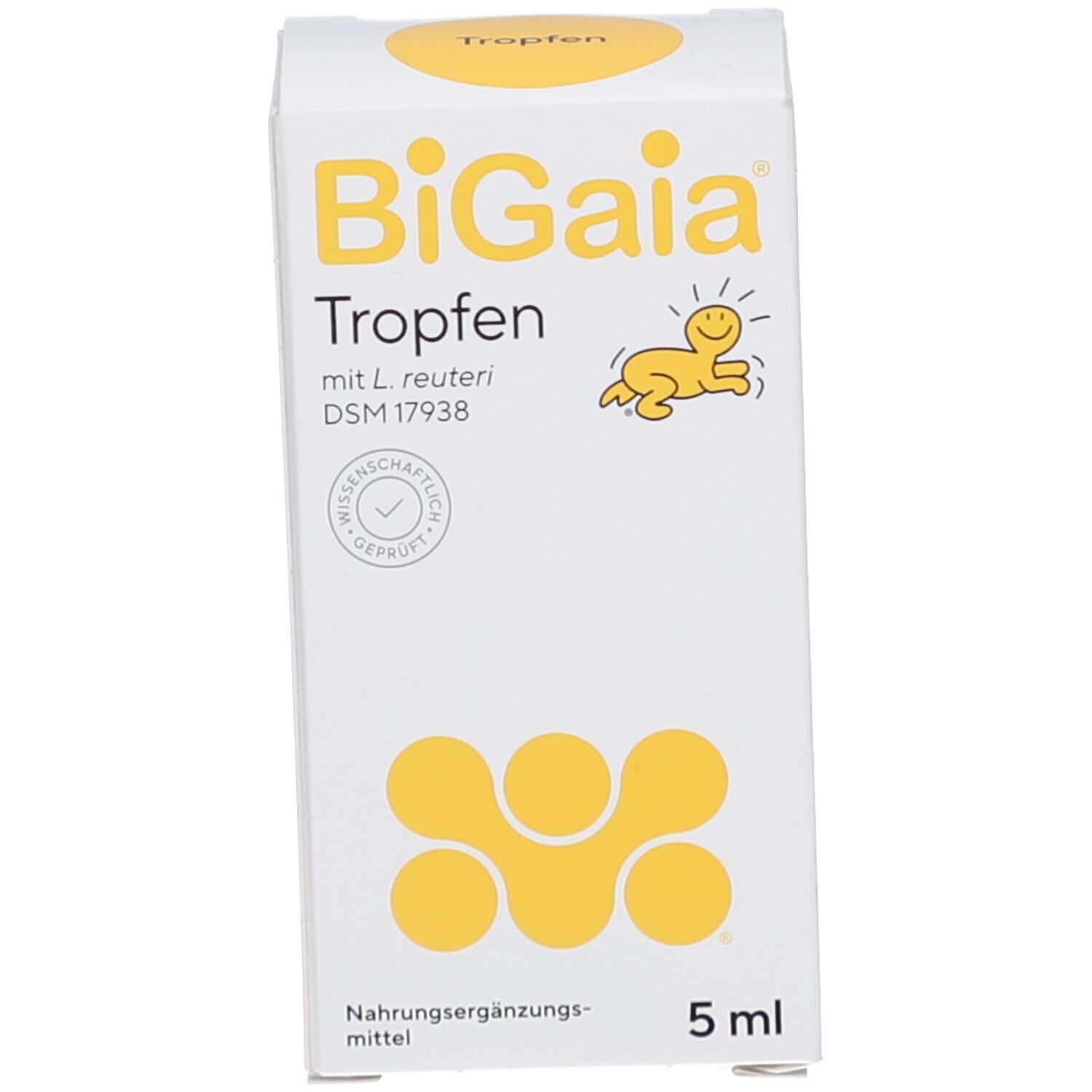 Weiße Schachtel mit BiGaia Tropfen, Logo, 5 ml und Siegel. Text und Illustrationen.