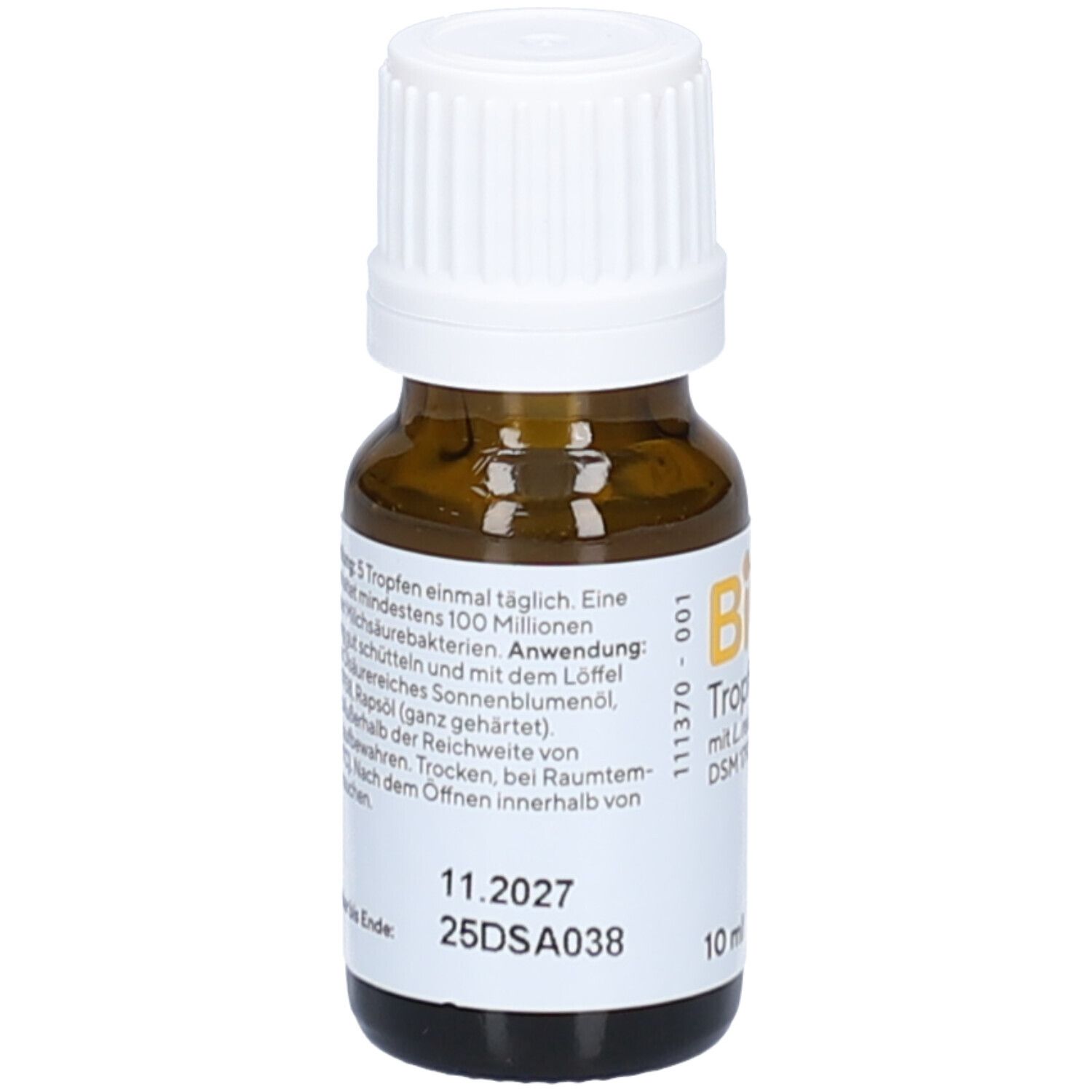 Braune Glasflasche mit weißem Verschluss. Aufschrift: BiGaia Tropfen mit L. reuteri. 10 ml.