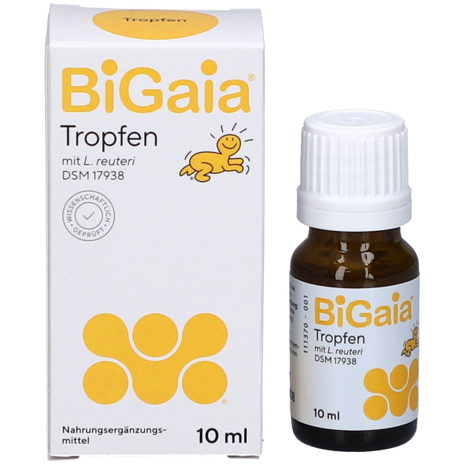 Braune Glasflasche und Schachtel. Aufschrift: BiGaia Tropfen mit L. reuteri. 10 ml.