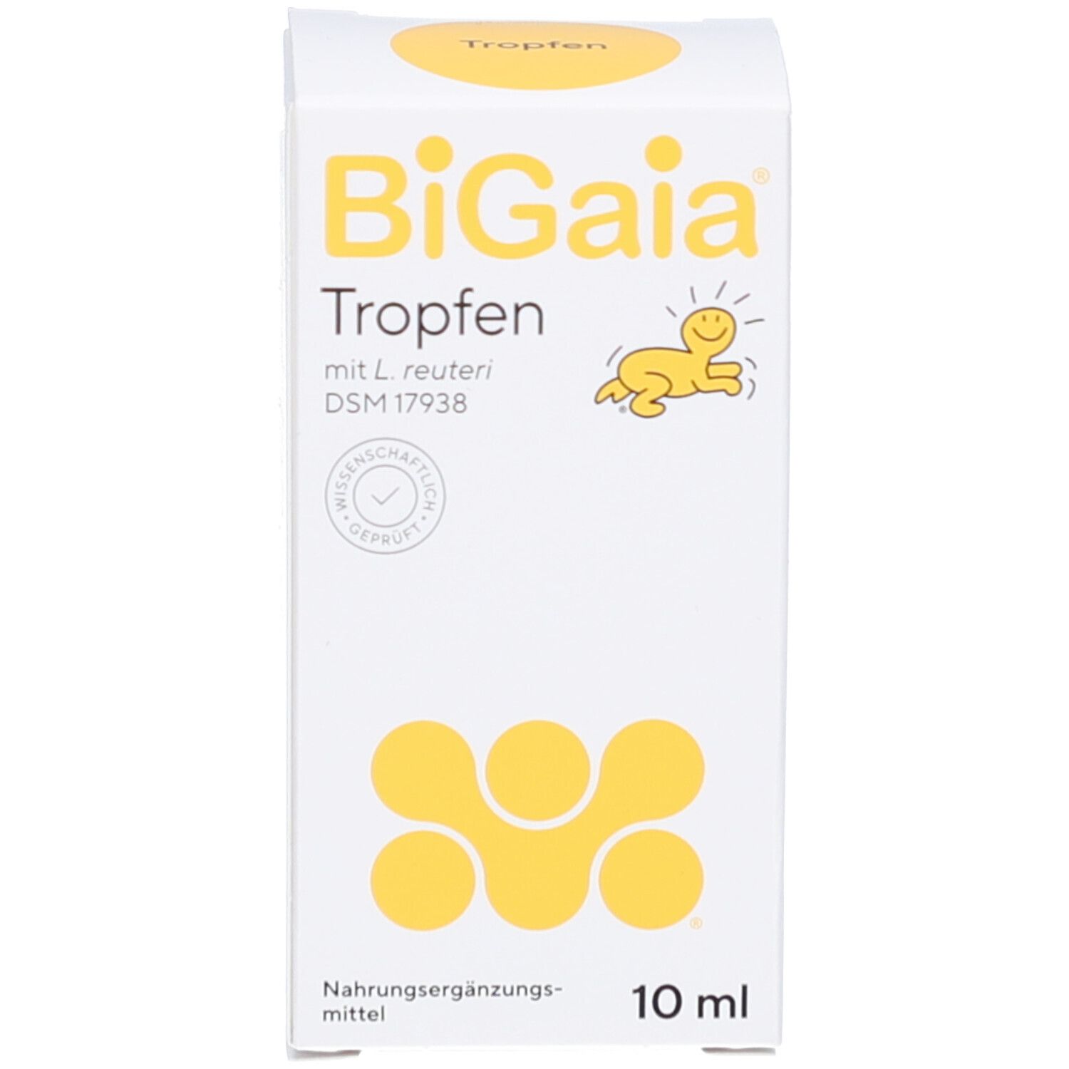 Weiße Schachtel mit gelbem Logo und Aufschrift: BiGaia Tropfen mit L. reuteri. 10 ml.