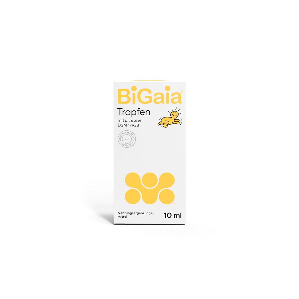 Weiße Schachtel mit gelbem Logo und Aufschrift: BiGaia Tropfen mit L. reuteri. 10 ml.
