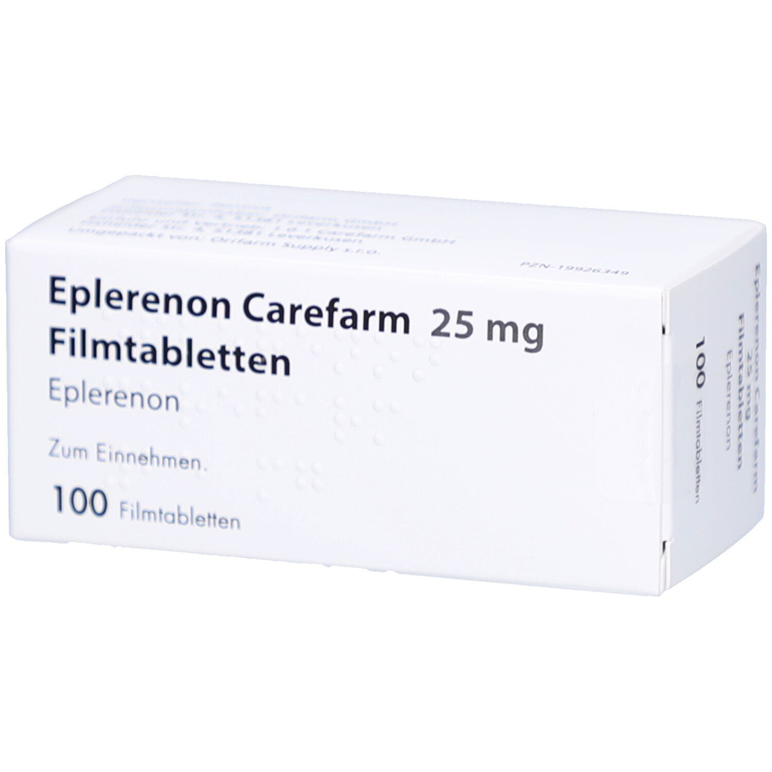 Weiße Schachtel mit Aufschrift: Eplerenon Carefarm 25 mg Filmtabletten. Enthält 100 Filmtabletten.