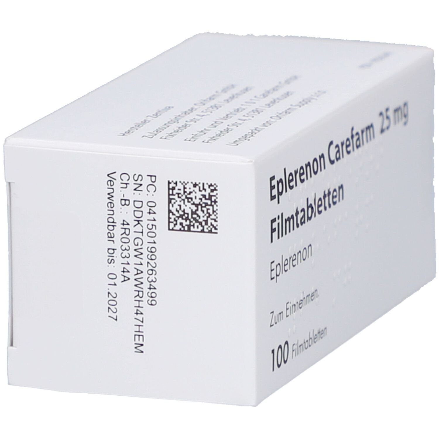 Weiße Schachtel, Seitenansicht. Mit Barcode und Text: Eplerenon Carefarm 25 mg Filmtabletten. Verwendbar bis 01.2027.