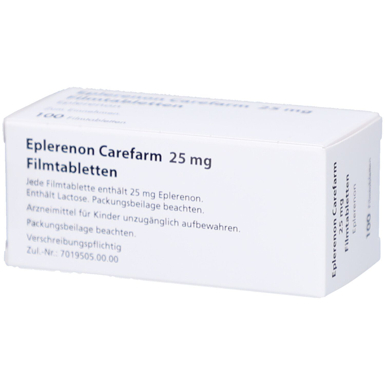 Weiße Schachtel mit Text: Eplerenon Carefarm 25 mg Filmtabletten. Enthält 25 mg Eplerenon. 100 Filmtabletten.