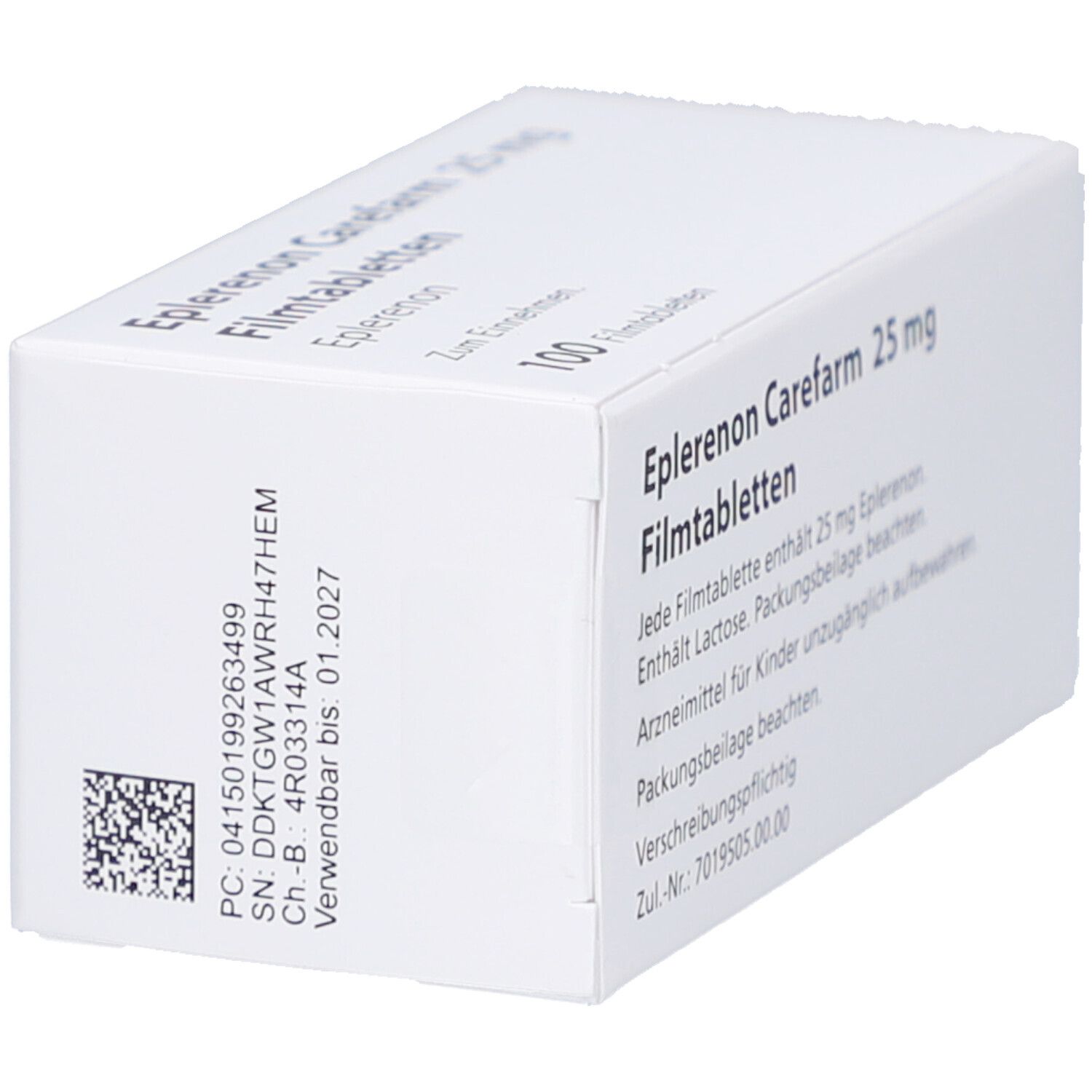 Weiße Schachtel, Seitenansicht. Mit Barcode und Text: Eplerenon Carefarm 25 mg Filmtabletten. Verwendbar bis 01.2027.