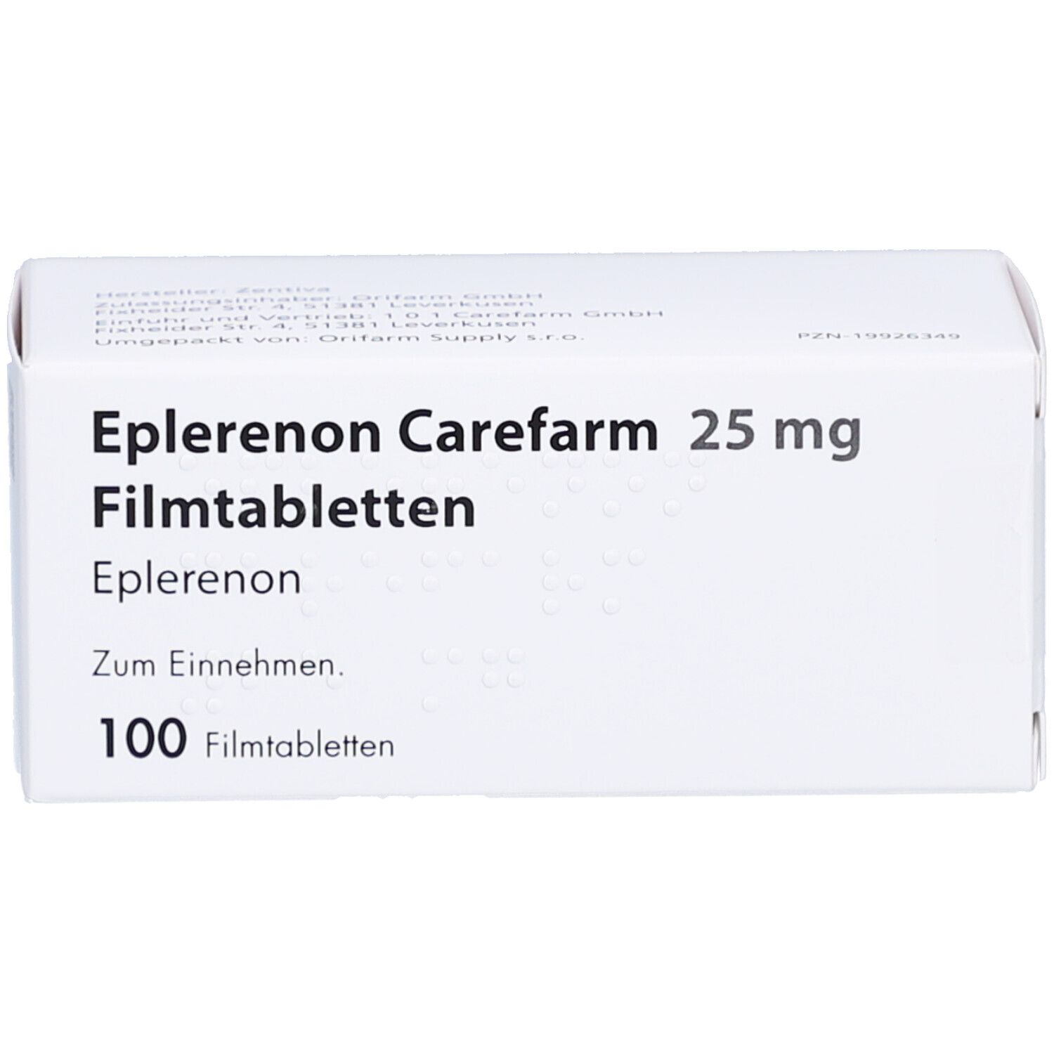 Weiße Schachtel mit Aufschrift: Eplerenon Carefarm 25 mg Filmtabletten. Enthält 100 Filmtabletten.