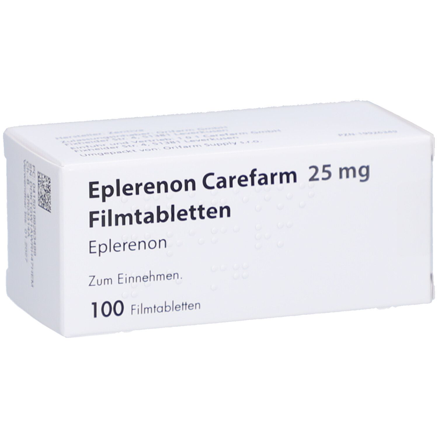 Weiße Schachtel mit Aufschrift: Eplerenon Carefarm 25 mg Filmtabletten. Enthält 100 Filmtabletten.