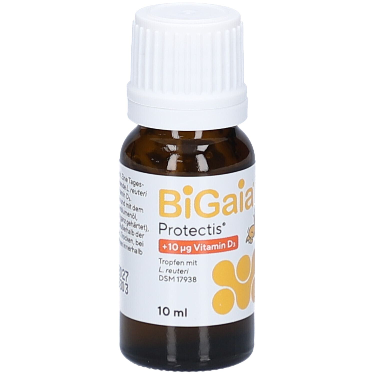 Braune Tropfenflasche mit weißem Deckel. Aufschrift: BiGaia Protectis + Vitamin D3. 10 ml.