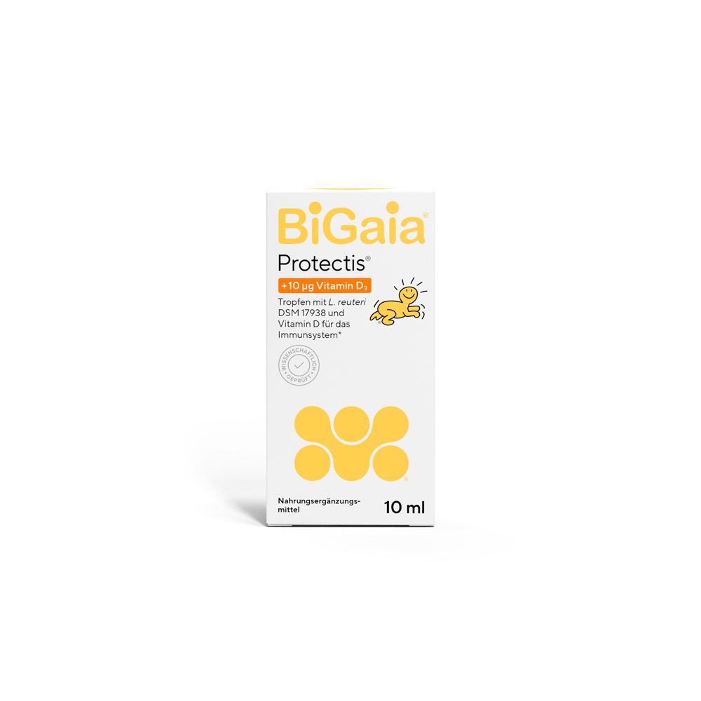 Weiße Schachtel mit gelben Logos. Aufschrift: BiGaia Protectis + Vitamin D3. 10 ml.