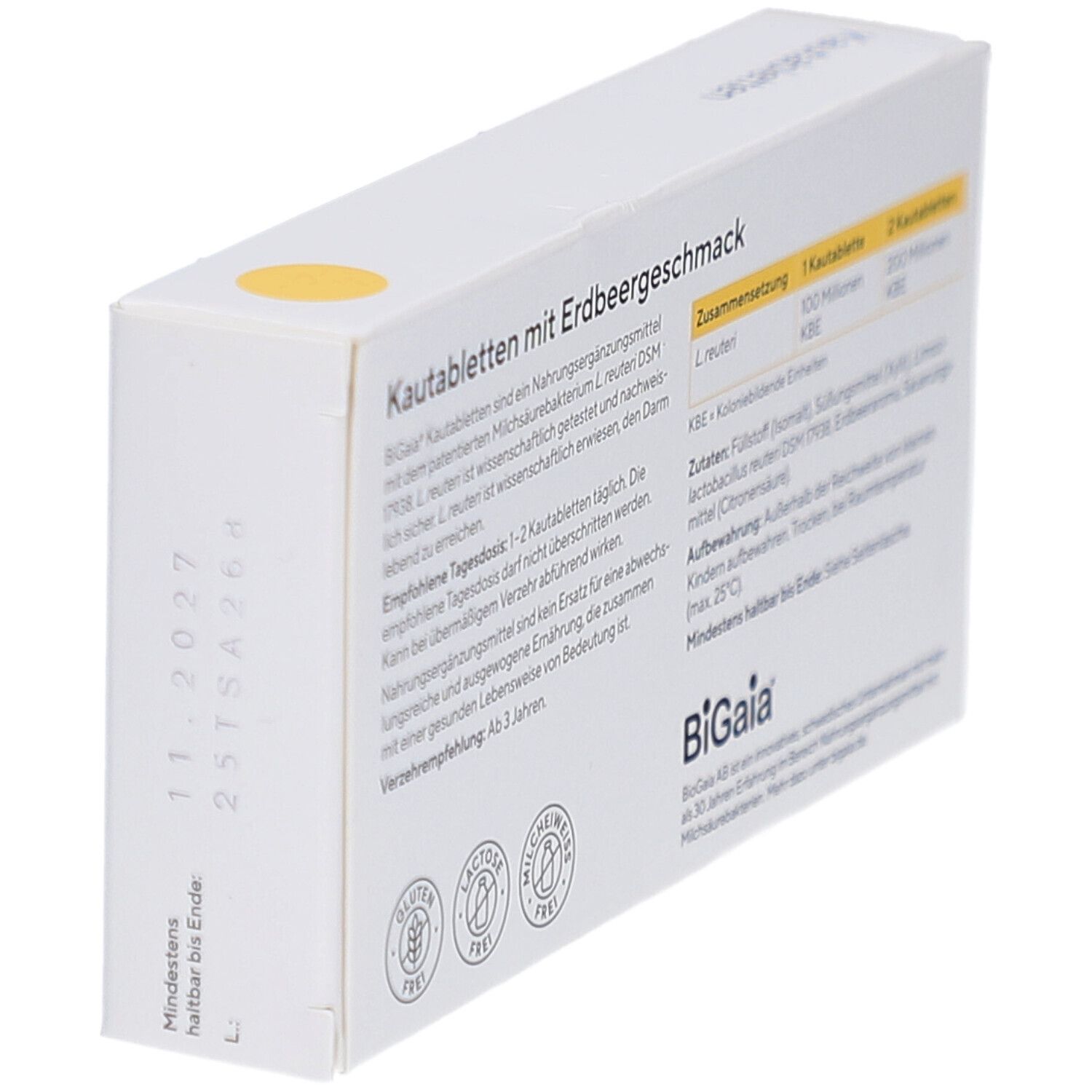 Schachtel BiGaia Kautabletten. Rückseite mit Text, Inhaltsstoffen, Logos. Glutenfrei, laktosefrei. Mindestens haltbar bis.