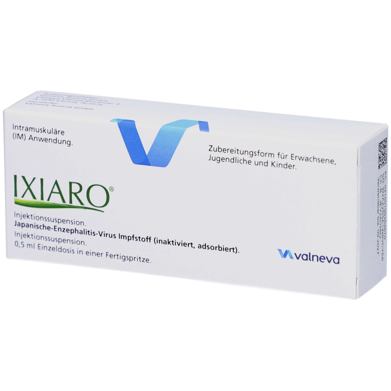 IXIARO Injektionssuspension Fertigspritze. Weiße Verpackung mit blauer Grafik und Produktinformationen. Valneva Logo.