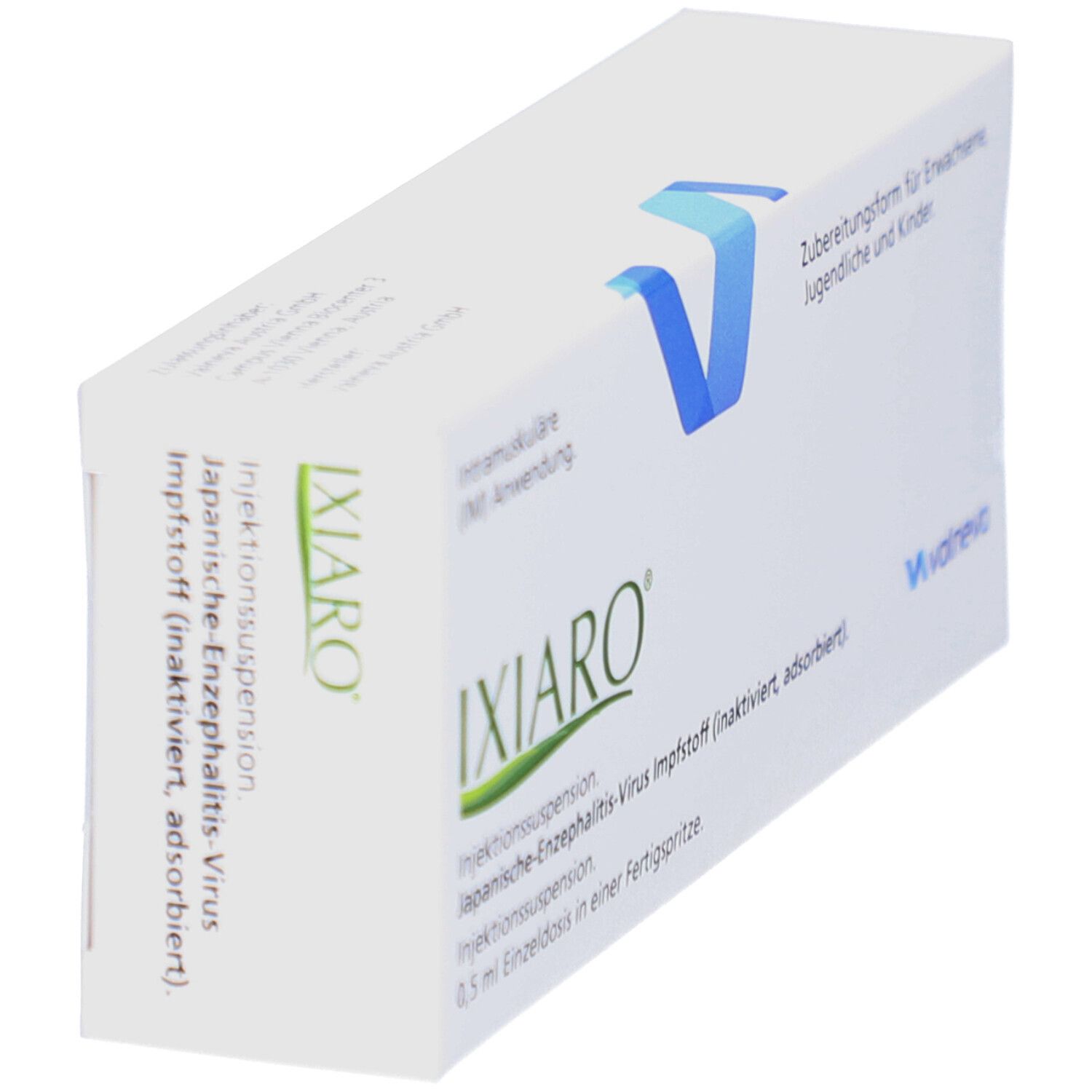 IXIARO Injektionssuspension Fertigspritze. Weiße Verpackung, schräg. Blaue Grafik und Produktinformationen. Valneva Logo.