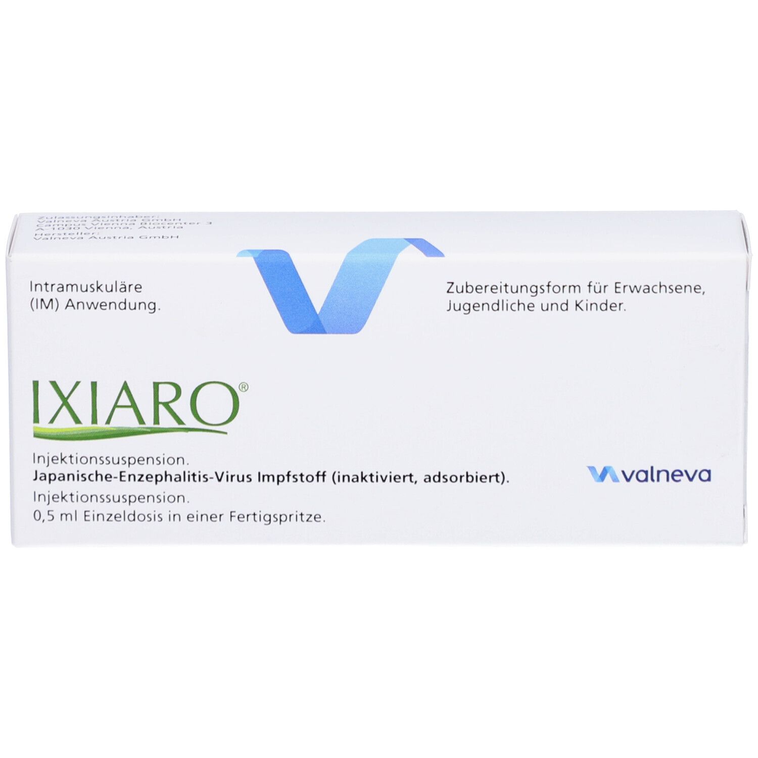 IXIARO Injektionssuspension Fertigspritze. Weiße Verpackung mit blauer Grafik und Produktinformationen. Valneva Logo.