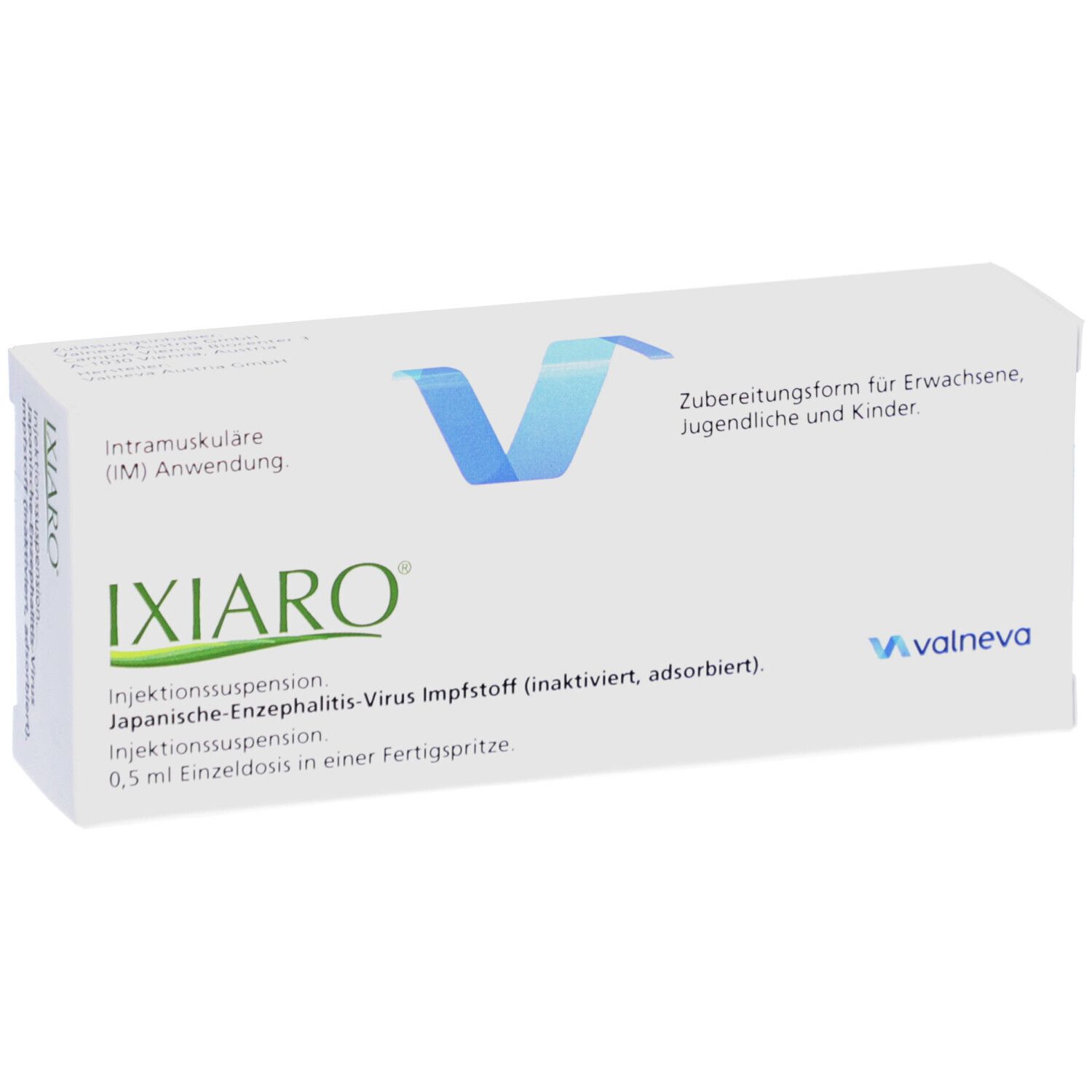 IXIARO Injektionssuspension Fertigspritze. Weiße Verpackung mit blauer Grafik und Produktinformationen. Valneva Logo.