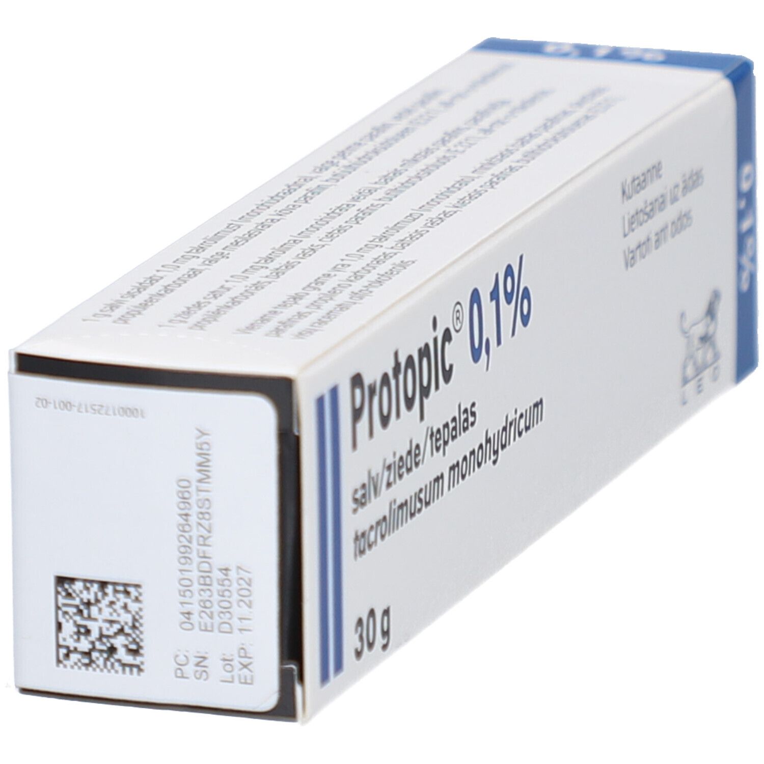 Schachtel Protopic 0,1%. Aufdruck: Protopic 0,1%, Salbe, 30g. Barcode und Verfallsdatum. Blaue Ecke.