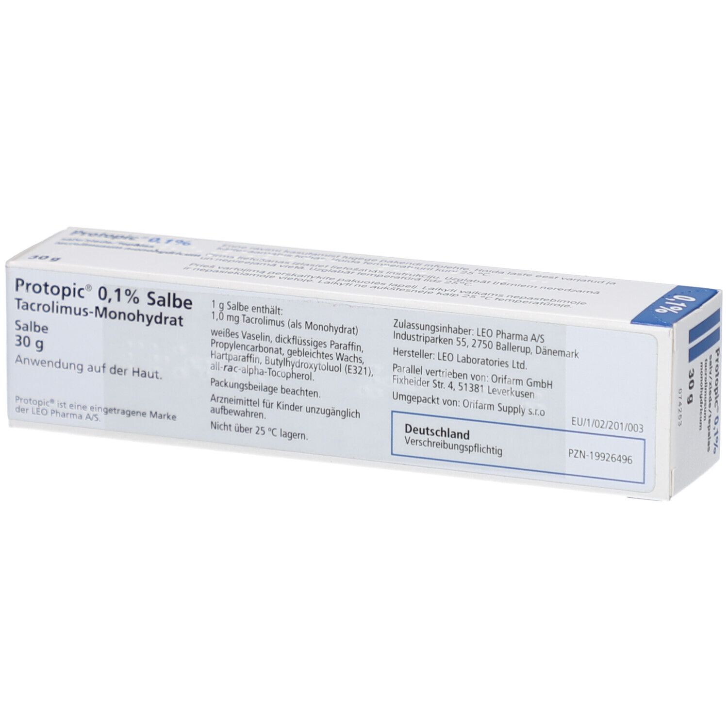 Rückseite der Protopic 0,1% Salbe Schachtel. Enthält Informationen zu Inhaltsstoffen und Hersteller.