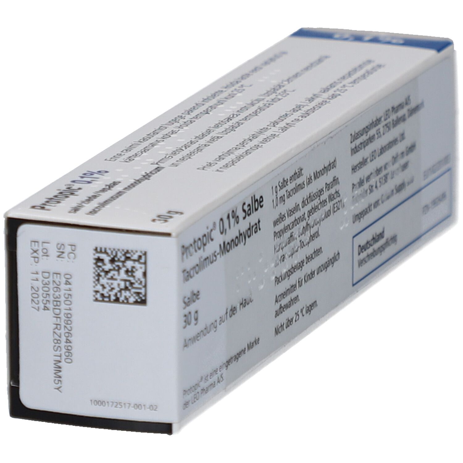 Schachtel Protopic 0,1% Salbe. Aufdruck: Protopic 0,1%, Salbe, 30g. Barcode und Verfallsdatum.