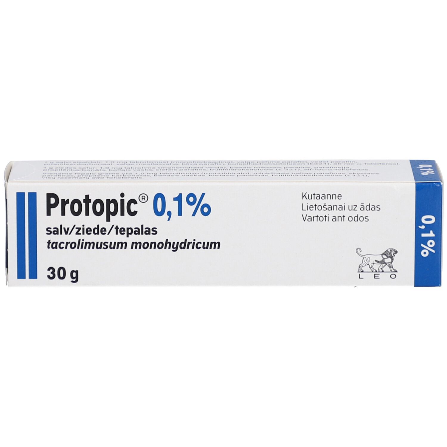 Weiße Faltschachtel mit blauen Akzenten. Aufdruck: Protopic 0,1%, Salbe, 30g. Text in mehreren Sprachen.