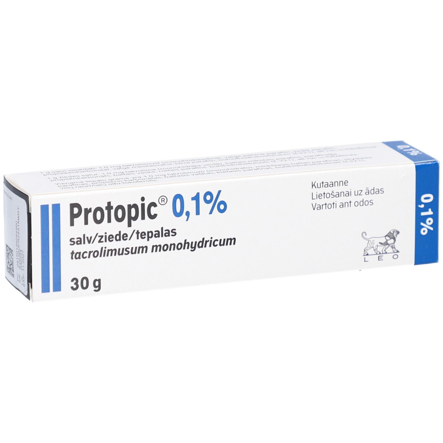Weiße Faltschachtel mit blauen Akzenten. Aufdruck: Protopic 0,1%, Salbe, 30g. Text in mehreren Sprachen.