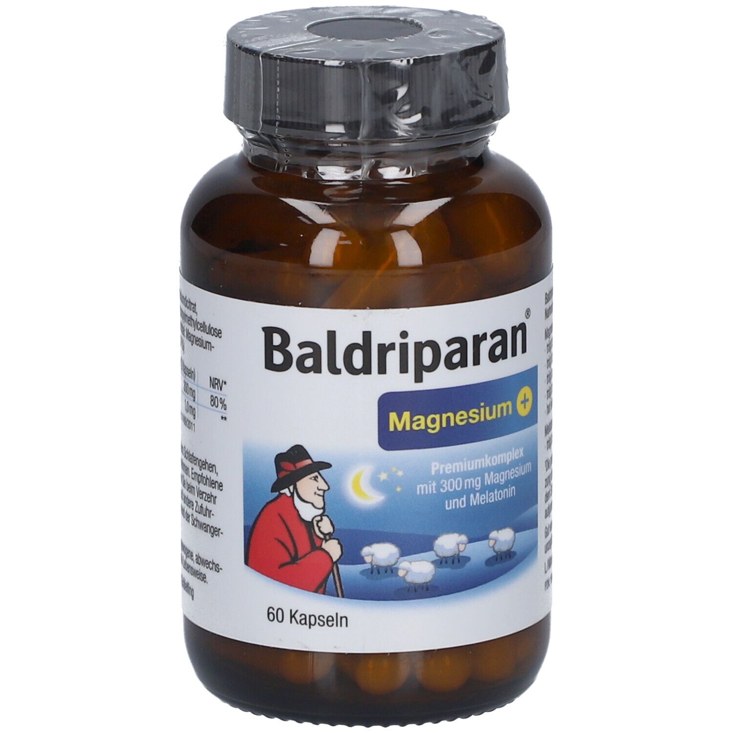 Braune Glasflasche mit Kapseln. Aufschrift: Baldriparan Magnesium Plus. Abbildung: Mann mit Schafen.