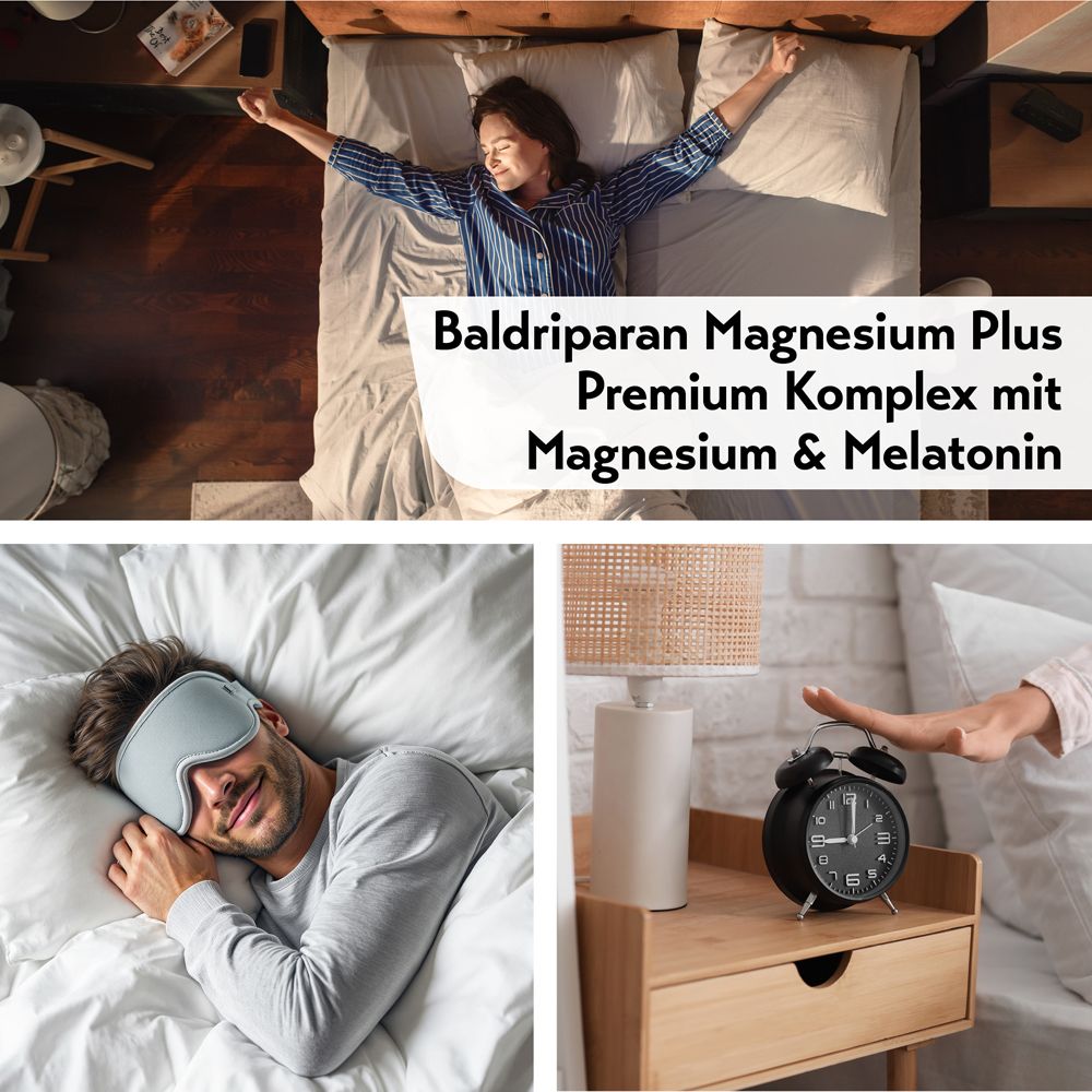 Collage: Frau streckt sich im Bett, Mann schläft mit Schlafmaske, Hand weckt Wecker. Baldriparan Magnesium Plus.