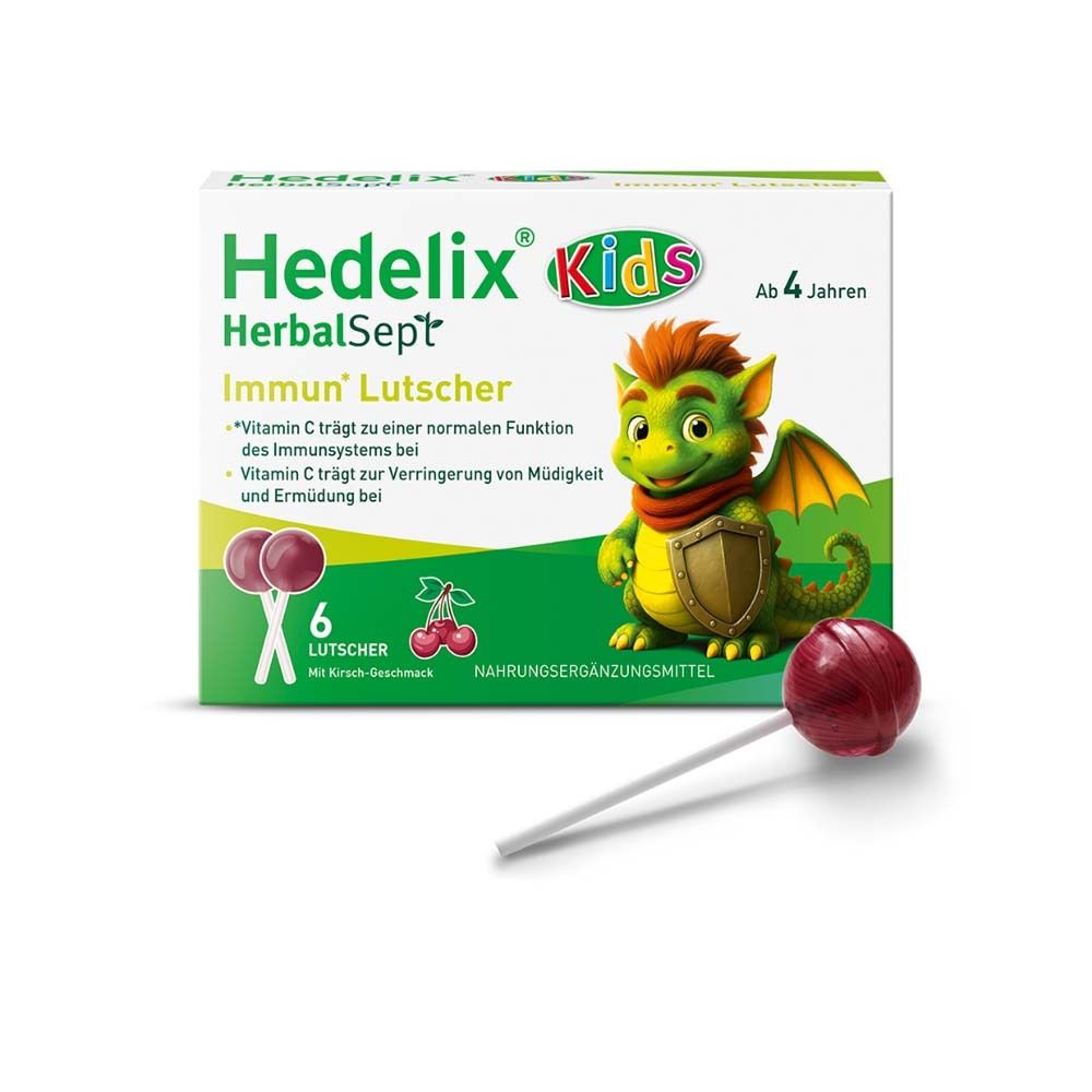 Verpackung von Hedelix HerbalSept Immun Lutscher Kids. Enthält 6 Lutschern. Mit Kirschgeschmack. Ab 4 Jahren.