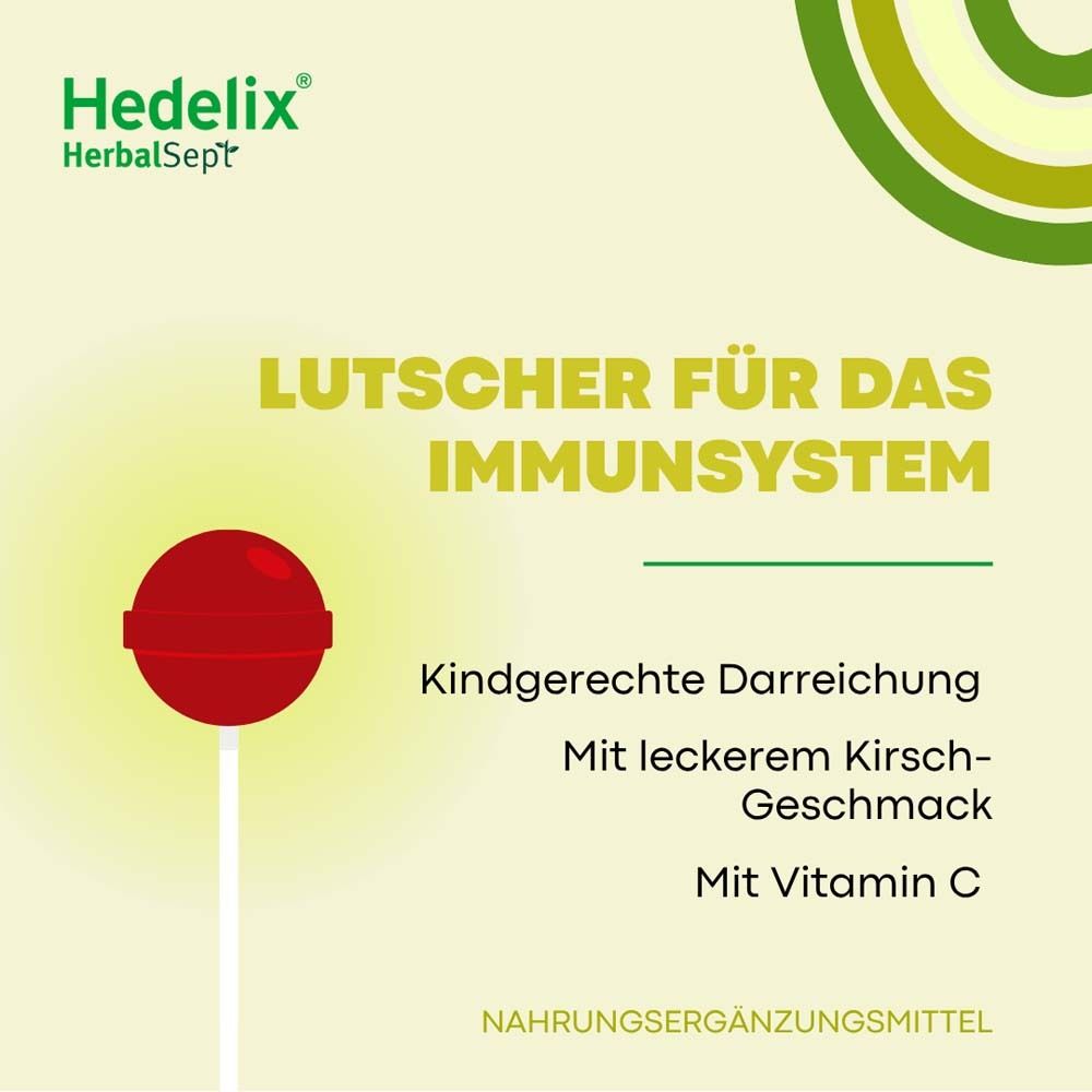 Roter Lutscher auf Stiel. Text: Lutscher für das Immunsystem. Kindgerechte Darreichung. Mit Kirschgeschmack.