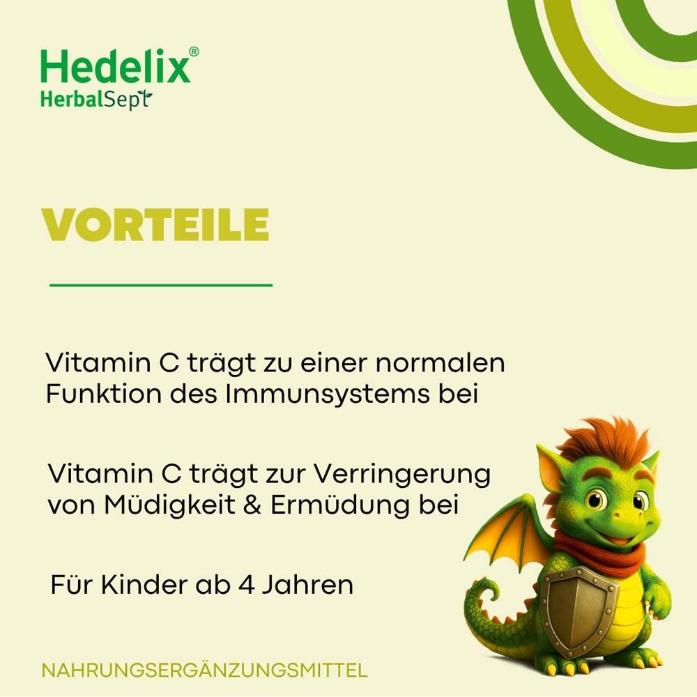 Text: Vorteile. Vitamin C für normale Funktion des Immunsystems. Für Kinder ab 4 Jahren. Cartoon-Drache.