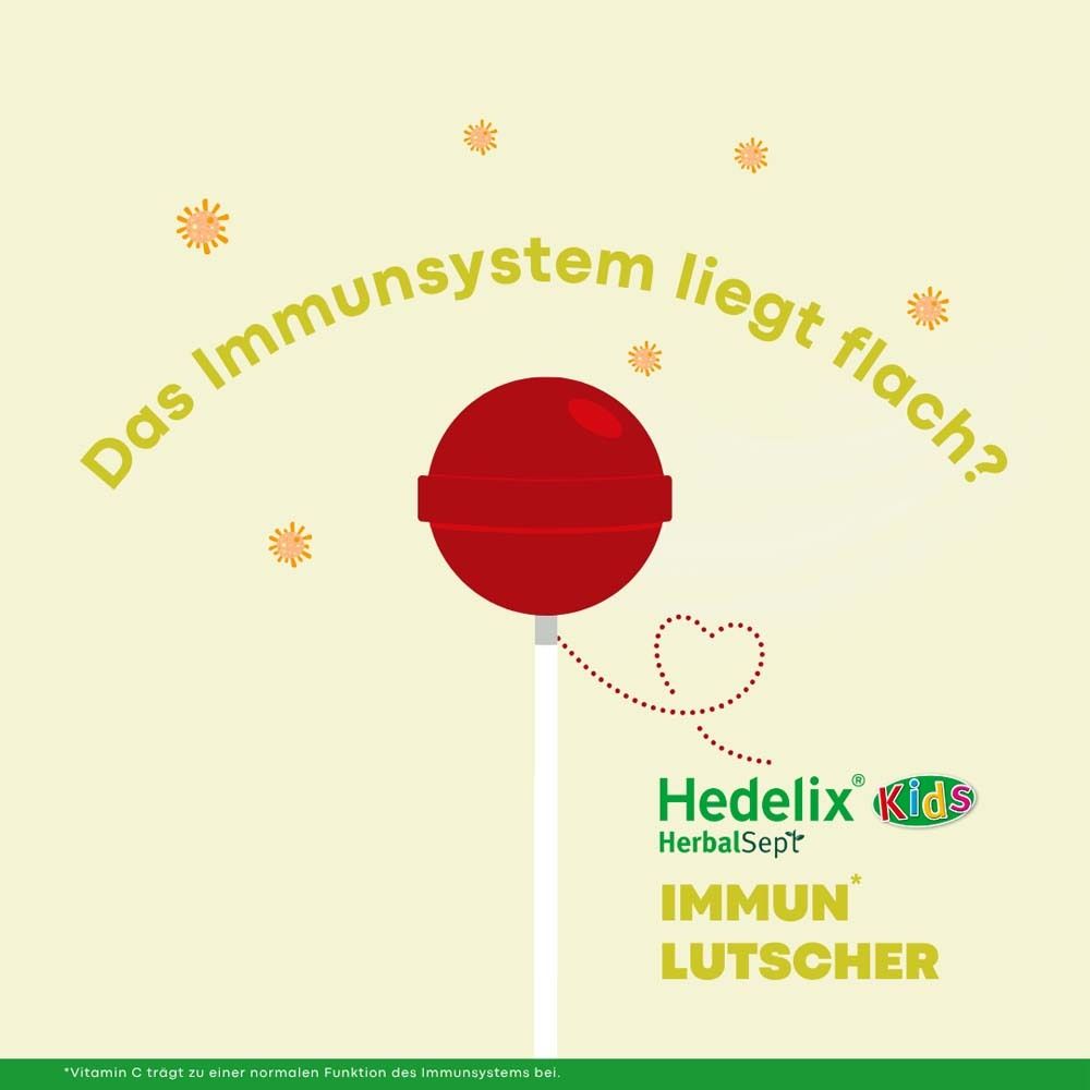 Roter Lutscher. Text: Das Immunsystem liegt flach? Hedelix HerbalSept Kids Immun Lutscher. Mit Vitamin C.