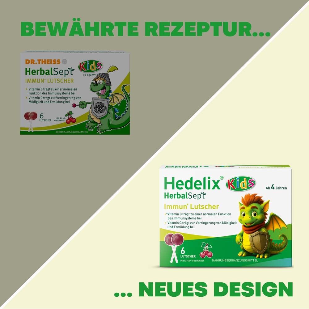 Zwei Verpackungen von Hedelix HerbalSept Kids. Altes und neues Design. Immun Lutscher. Mit Drachen-Cartoon.