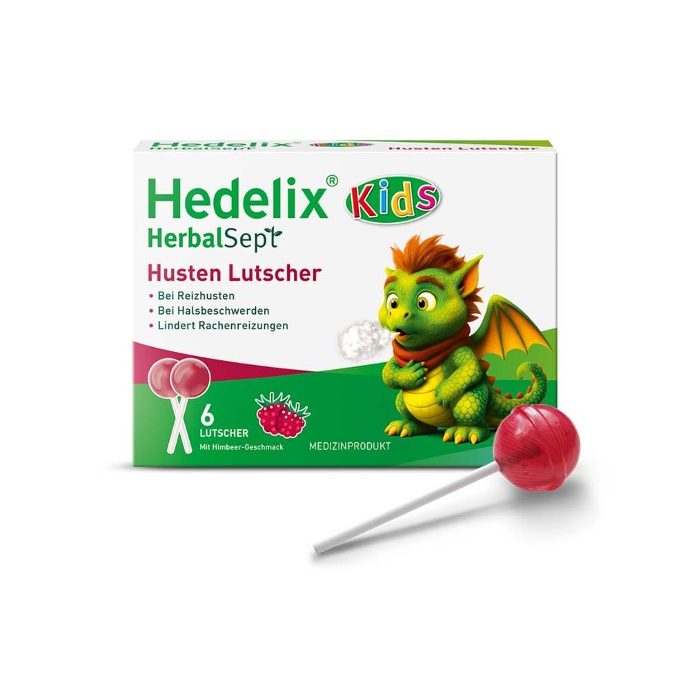 Verpackung von Hedelix HerbalSept Husten Lutscher Kids. Enthält 6 Lutschern mit Himbeer-Geschmack. Mit einem grünen Drachen-Cartoon.